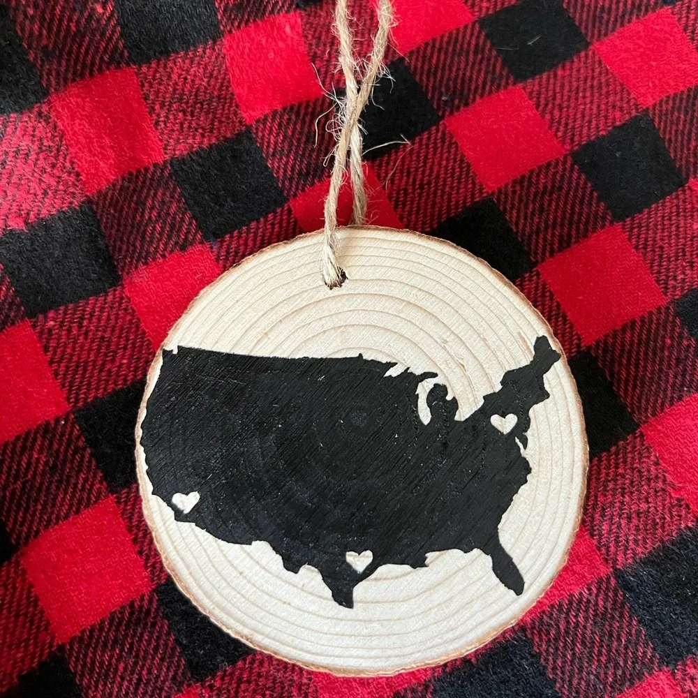 Handmade Long Distance Map Wooden Christmas Ornament